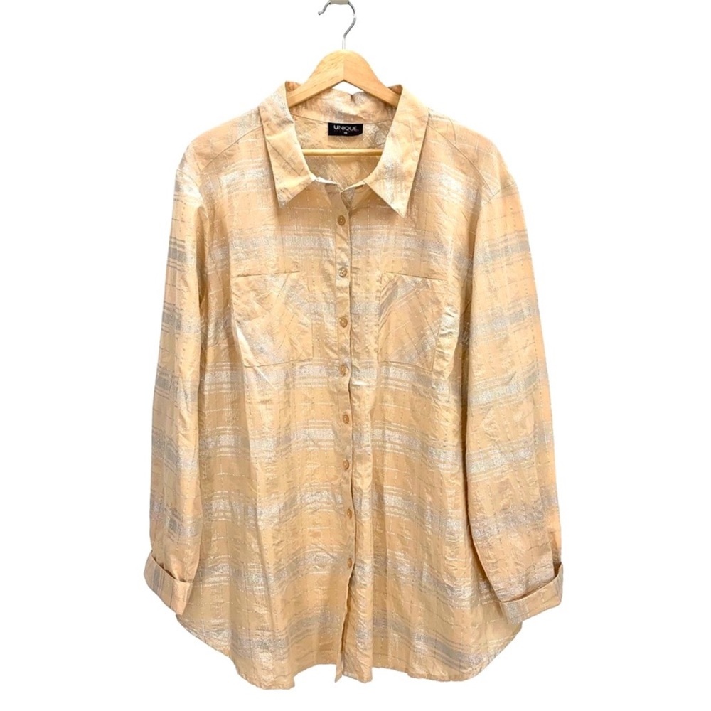 Unique Spectrum Peach and Metallic Silver Long Sleeve Button Up Shirt Sz. 3X NWT